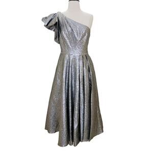 Mac Duggal 67906 Silver Metallic Brocade One Shoulder Bow Midi Dress 4
